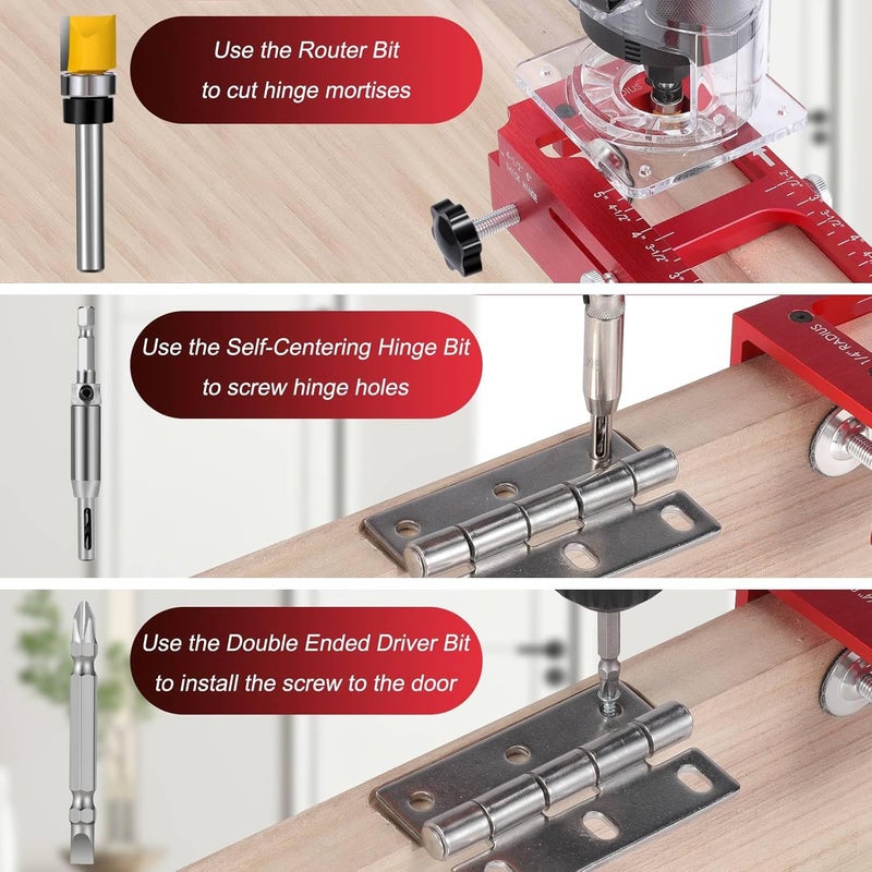 Gohelper Door Hinge Jig and Door Lock Installation Kit, Aluminum Alloy Router Template for Hinge Mortising 2.5" to 5", 1/4" R, 5/8" R, Square Corner Hinge, Not for Jamb, Door Hole Drilling Kit for Wooden Door - Image 5